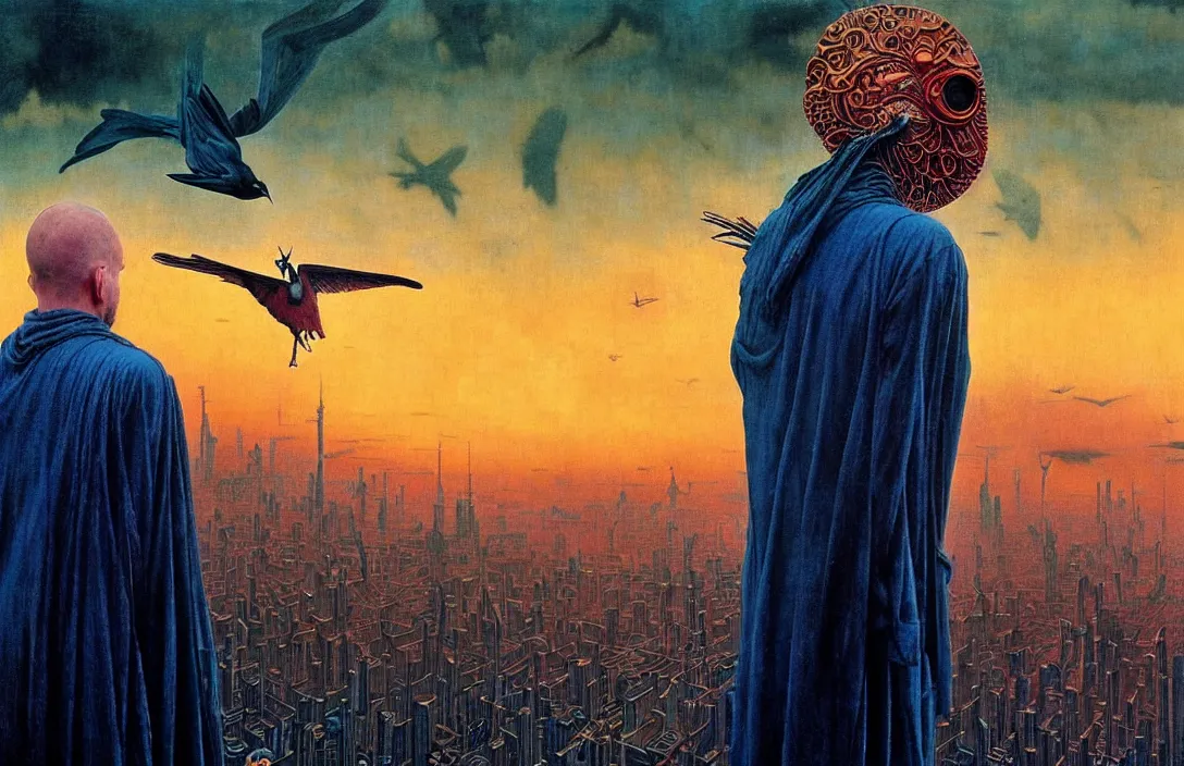 Prompt: realistic detailed portrait movie shot of a birdman in dark ragged robes, futuristic city sunset landscape background by denis villeneuve, amano, yves tanguy, alphonse mucha, ernst haeckel, max ernst, alejandro jodorowsky, masterpiece, rich moody colours, bird head, blue eyes, hyperdetailed