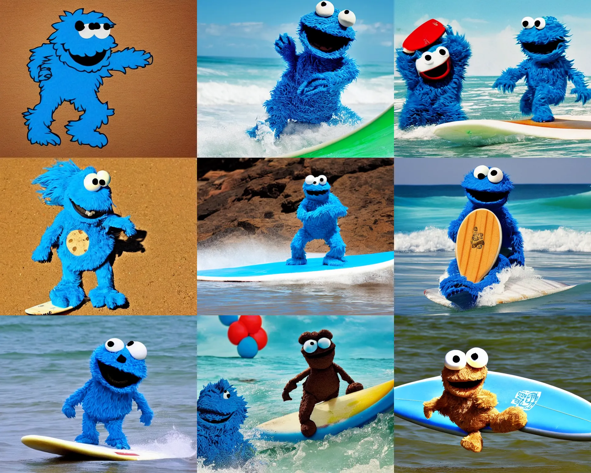 Prompt: cookie monster is riding a surfboard