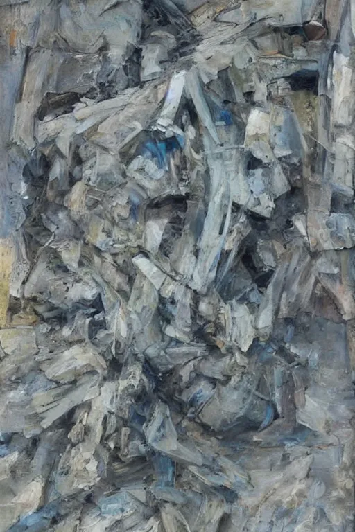 Prompt: cool soft painterly warped wadded knotted heap, dull grey expressionism, masterful rendering of construction rubble