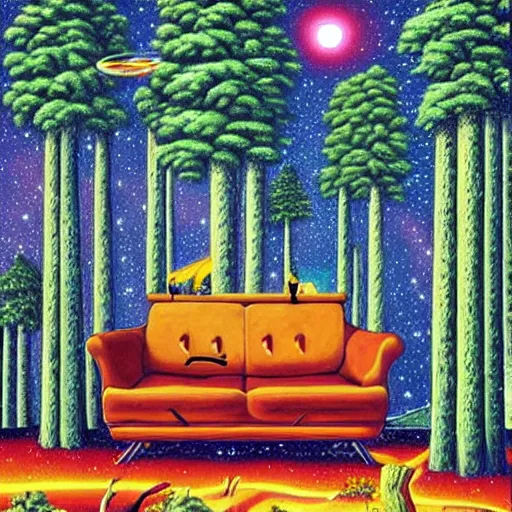 Prompt: psychedelic couch pine forest, planets, milky way, sofa, cartoon by rob gonsalves