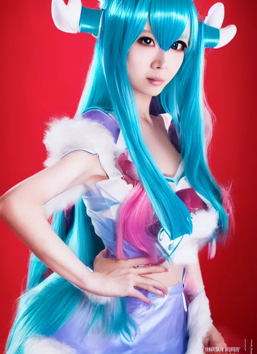Prompt: Cute beautiful Asian cosplay girl with long blue hair and tempting eyes cosplaing Hatsune miku, full length shot, shining, 8k, HQ, sharp focus, IMAX quality, illustration, by Gil Elvgren