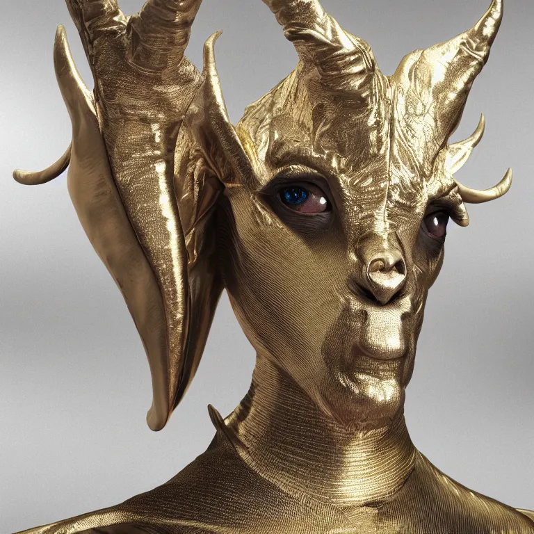 Prompt: octane render portrait by national geographic and wayne barlow and carlo crivelli and glenn fabry, a goat - headed evil demon wearing a tight iridescent silver latex suit, covered in liquid gold, cinema 4 d, ray traced lighting, very short depth of field, bokeh