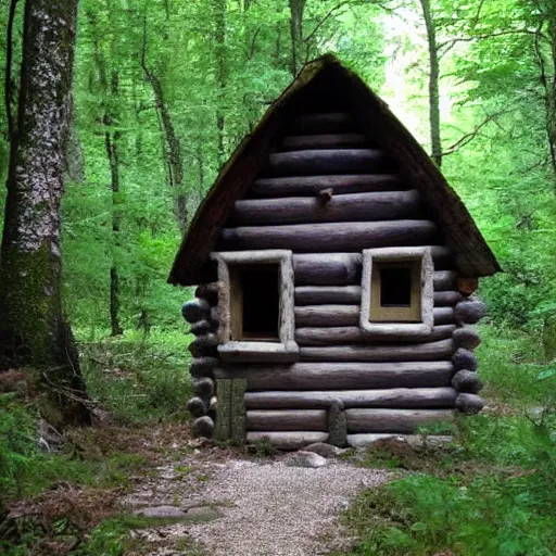 Prompt: in deep forest in france antic farytale story little cabin made by stones many ages secret