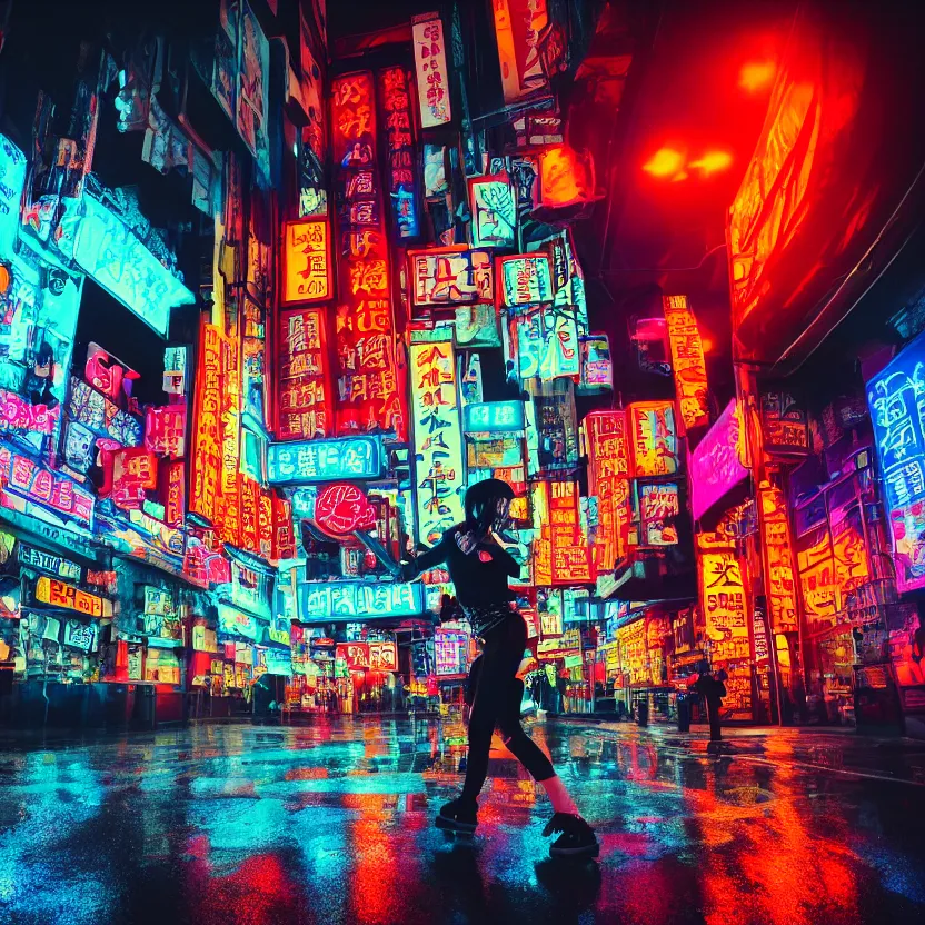 Prompt: photograph of punk girl skateboarding in the city, chinese neon signs, cyberpunk buildings, wet roads at night reflecting the lights from buildings, studio lighting, cloudy night sky, bright neon colors, 4 k, fisheye