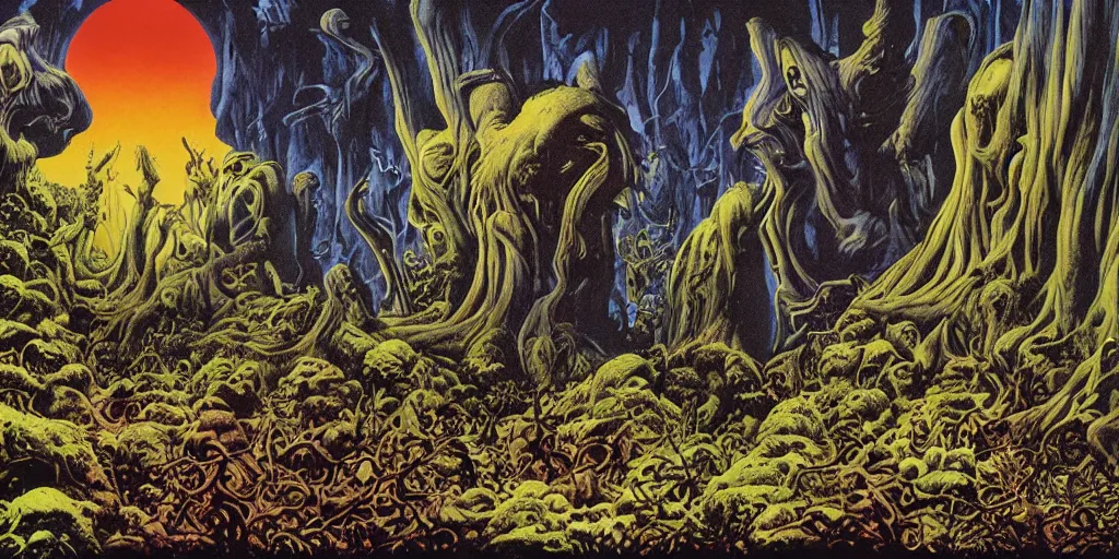 Prompt: Artwork by Richard Corben of the cinematic view of the Celestial Forest of Buried Enchantments.