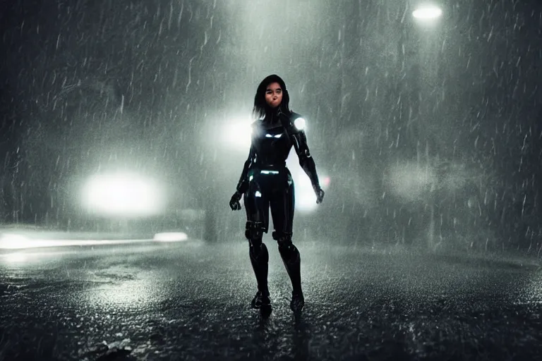 Image similar to vfx marvel sci-fi woman black super hero robot photo real full body action pose closeup, city street cinematic lighting, rain and fog by Emmanuel Lubezki