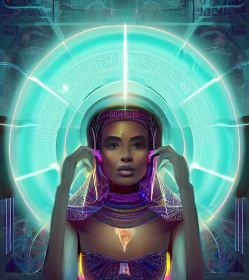 Image similar to symmetry!! egyptian princess of technology, solid cube of light, hard edges, product render retro - futuristic poster scifi, lasers and neon circuits, beautiful brown skin woman egyptian princess, intricate, elegant, highly detailed, digital painting, artstation, concept art, smooth, sharp focus, illustration, dreamlike, art by artgerm