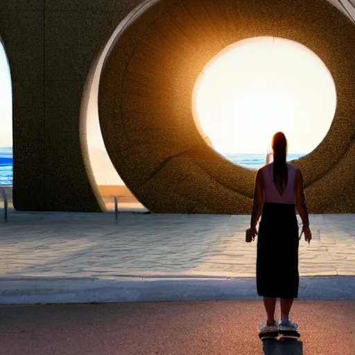 Image similar to a woman facing an portal on the street. the street leads dozen a city. the portal is oval, upright and surrounded by blue energy. the portal leads to a beach at sunset