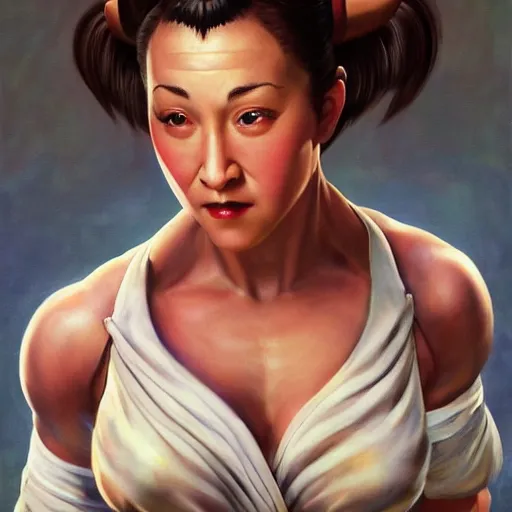 Image similar to ultra realistic kristen schaal as chun li from street fighter, portrait painting by frank frazetta, 4 k, ultra realistic, highly detailed,