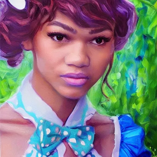 Image similar to zendaya as Alice in wonderland, oil painting, high detail,