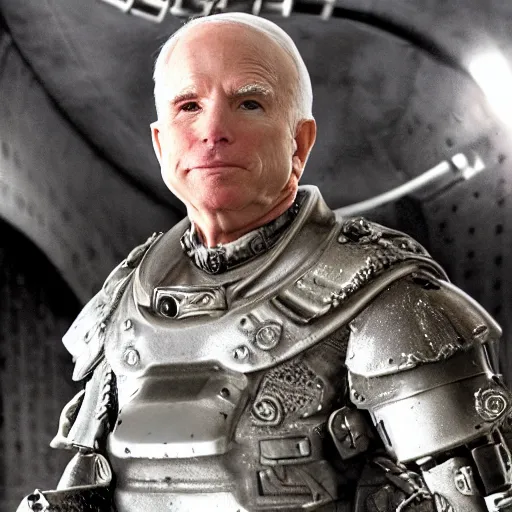 Prompt: cinematic shot of john mccain wearing futuristic armor in a sewer, very detailed, very intricate,