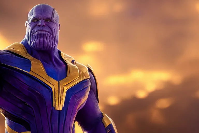 Image similar to Thanos wearing blue and gold armor smirking while raising his clenched fist in the air, trending on Artstation, highly detailed, HD wallpaper, 4k, photorealistic, digital art