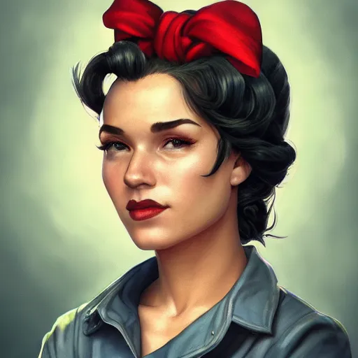 Image similar to A portrait of Rosie the Riveter, final fantasy, digital painting, portrait , cinematic lighting, highly detailed, artstation, concept art, illustration, smooth, sharp focus, artgerm , greg rutkowski, alphonse mucha, editor's pickup, trending on artstation, trending on deviantart, wlop, 8k