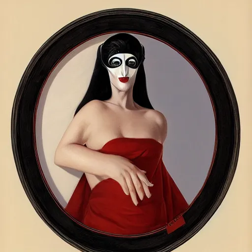 Image similar to portrait of a woman with a white plastic theater mask, by gerald brom