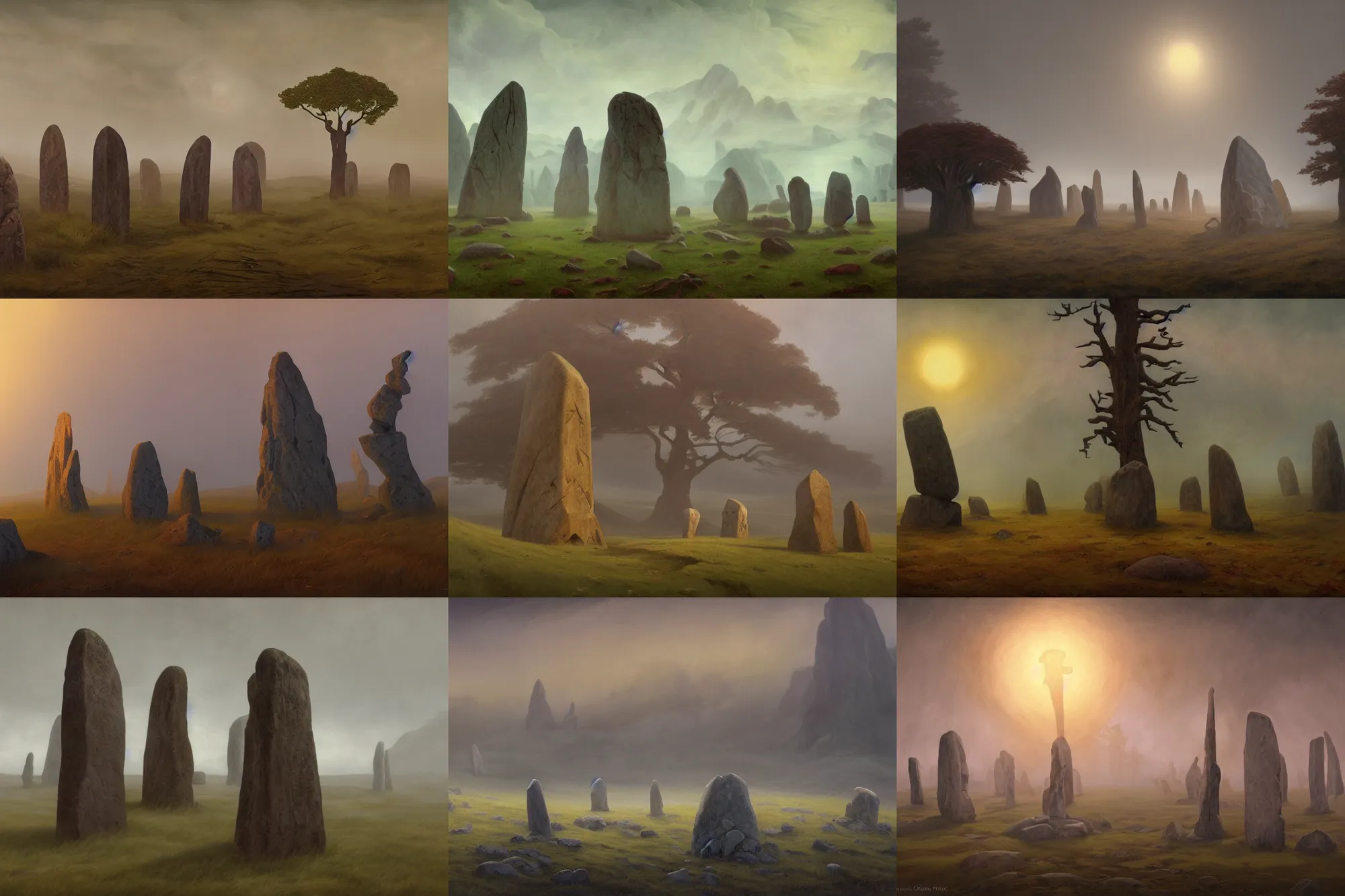 Prompt: circle of standing stones in the fog, dramatic cinematic lighting, mysterious ancient carvings, rich colors, by William Dyce and ford madox brown and April Gornik and Caspar David Friedrich and Diego Rivera and Tyler Edlin and Nicholas Roerich, featured on artstation
