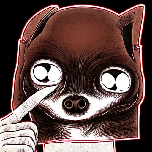 Image similar to a dark brown humanoid chihuahua, hyper detailed, in the style of junji ito and and junji ito and junji ito, selfie