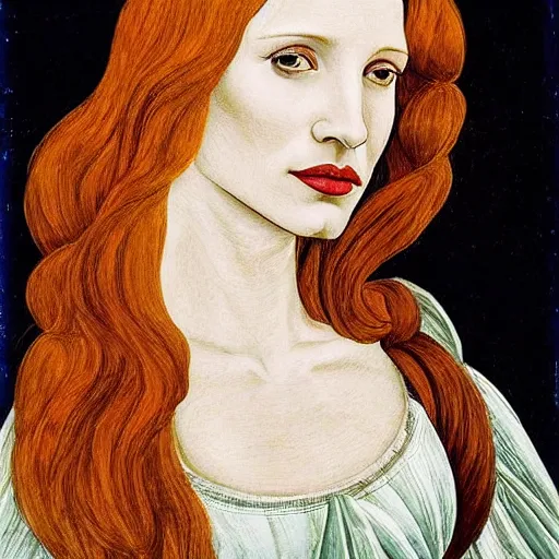 Prompt: “Jessica Chastain portrait, Sandro Botticelli”