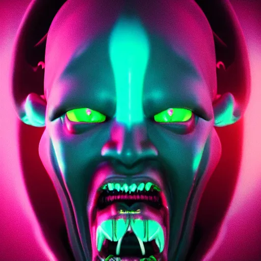 Image similar to synthwave demonic alien face with neon horns, detailed face, sharp focus, synthwave art, aesthetic, octane render, raw, cinematic