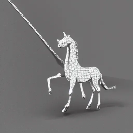 Image similar to a silver unicorn necklace pendant, 3 d rendering, in the style of pandora, tiffany, swarovski, van cleef & arpels, cartier, boucheron, bulgari, chaumet, elegant, noble, stylish