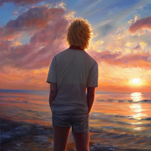 Image similar to a teen guy with a blonde mullet, portrait, sunset, ocean in distance, oil painting, pale colors, high detail, 8 k, wide angle, trending on artstation,