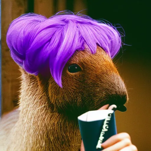 Prompt: 3 5 mm film photo of capybara smoking a cigarette wearing a purple wig