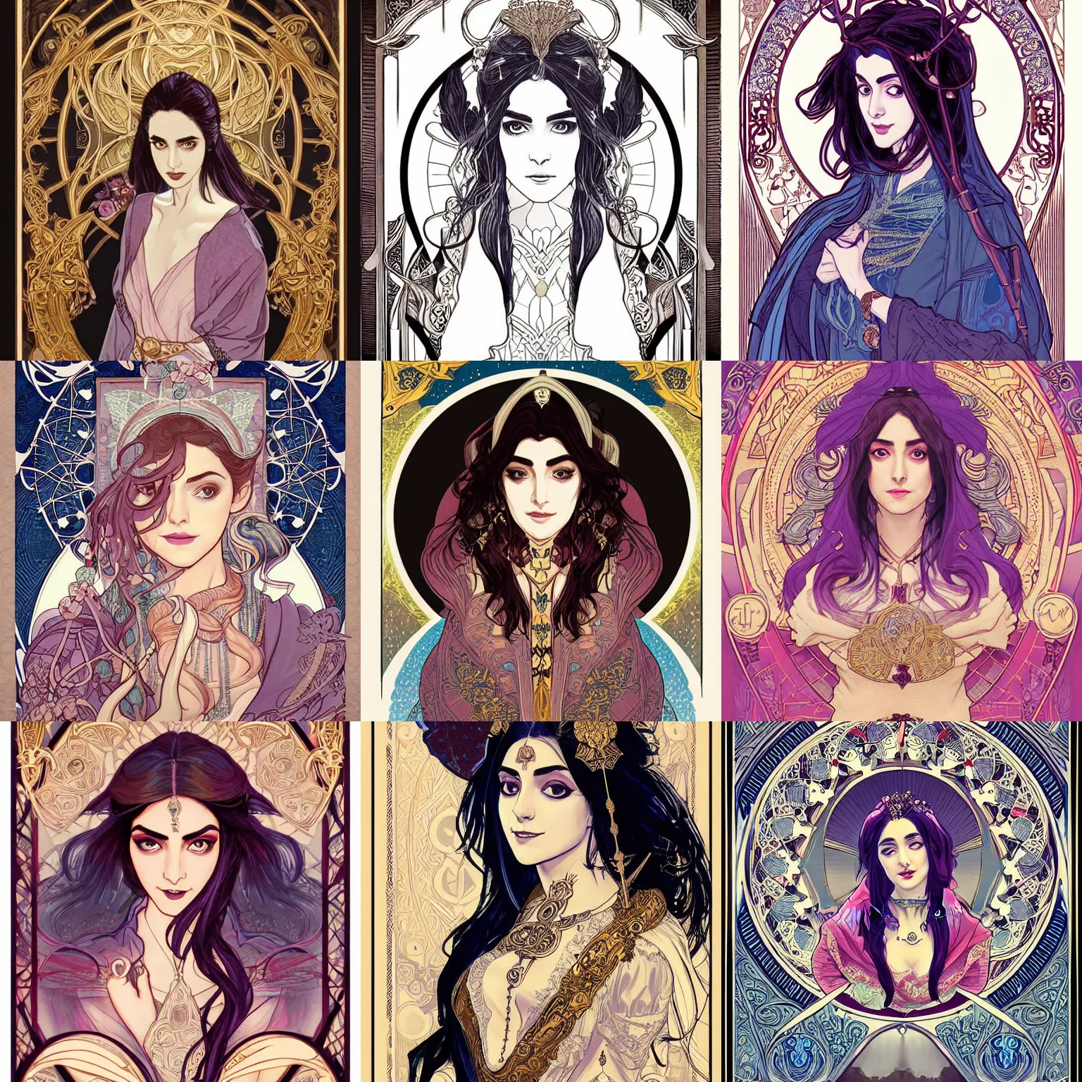 Prompt: masterpiece head-on symmetrical centered bust-view portrait, Maya Ali as D&D sorcerer, Art Nouveau illustration, wizard robe, delicate, elegant, tarot card background, in the style of ROSSDRAWS and Jesper Ejsing and Mikaloius Konstantinas Ciurlionis and Ruan Jia and Ross Tran and Alphonse Mucha and Ayami Kojima and Charlie Bowater and Karol Bak and Jean Delville, rich bright colours