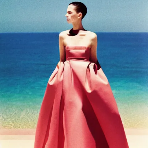 Prompt: 1 9 9 5 italia vogue magazine photo of a dress with cotton underskirt set, christian dior style, mediterranean beach background, refracted color lines, night, flash photography