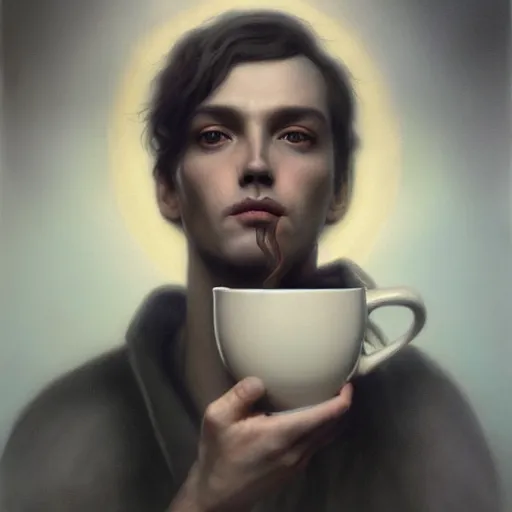 Prompt: by tom bagshaw, ultra realist soft painting of a daily clothed man drinking his coffee, nuclear bomb explosion, partial symmetry accurate features, very intricate details, focus, curvy, award winning, ultra dense fog