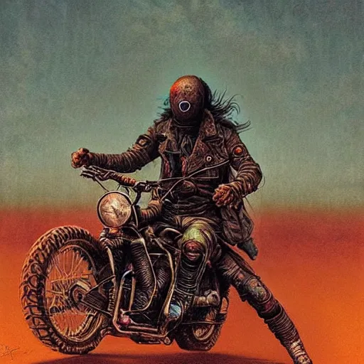 Image similar to motorbiker from hell, by beksinski and tristan eaton, dark neon trimmed beautiful dystopian digital art