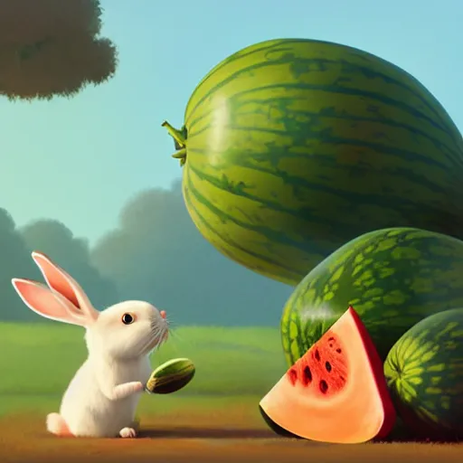 Image similar to Goro Fujita illustrating a rabbit eating a giant watermelon, art by Goro Fujita, sharp focus, highly detailed, ArtStation