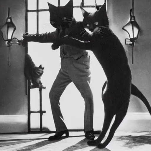 Prompt: 1930's gangster movie starring cats as the gangsters; film noir style; photorealistic cats,