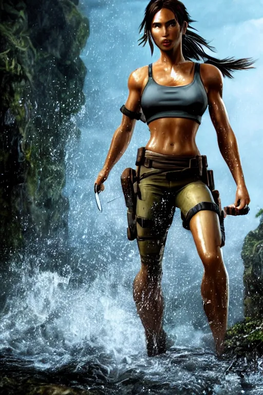 Image similar to a film still of lara croft, close up, muscular, drenched body, wet dripping hair, emerging from the water,