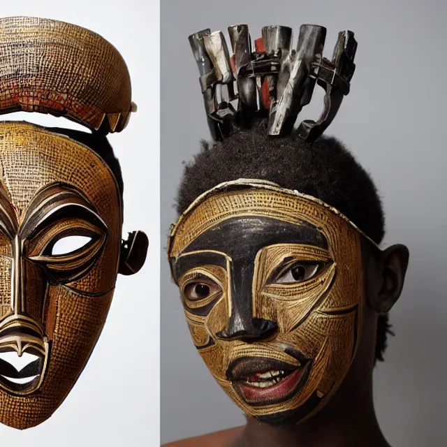 Image similar to a beautiful cyborg made of african ceremonial masks