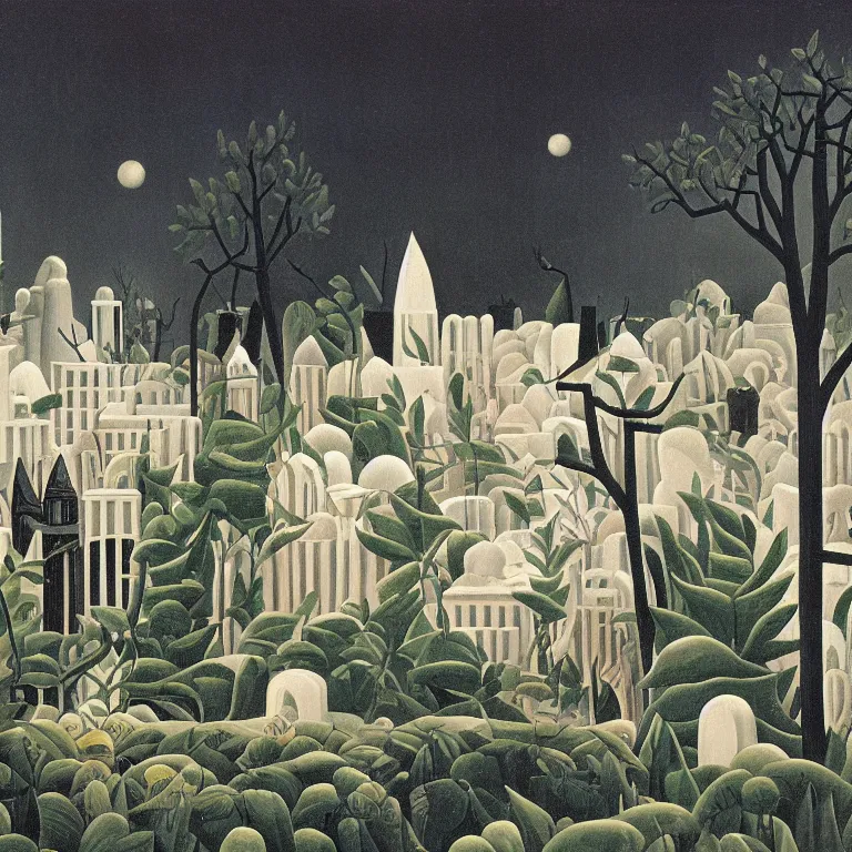 Prompt: a sprawling white fantastical city on the edge of a black hole, painted by henri rousseau