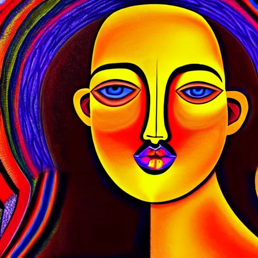 Image similar to tan latina woman, landscape, entering fourth dimension, third eye, prominent rosy cheek bones, black hair and brown eyes, psychedelic di vinci art style,