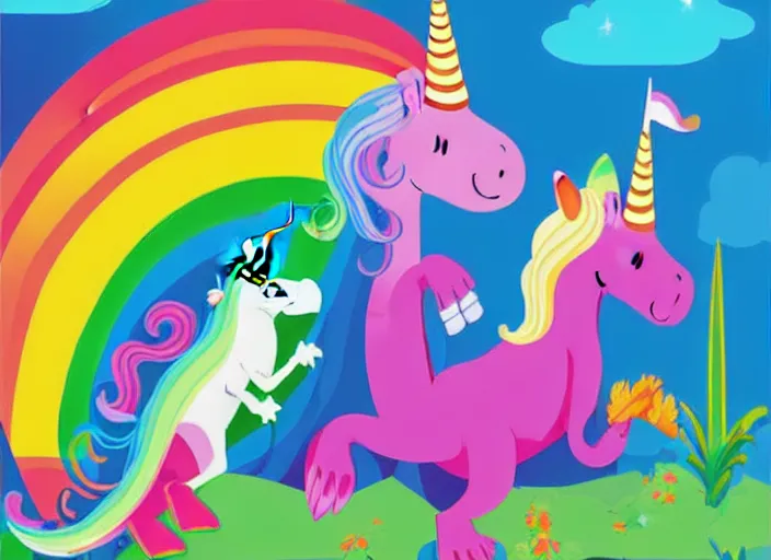 Prompt: T-rex and Unicorn relaxing, colorful,modern, disney poster, detailed,