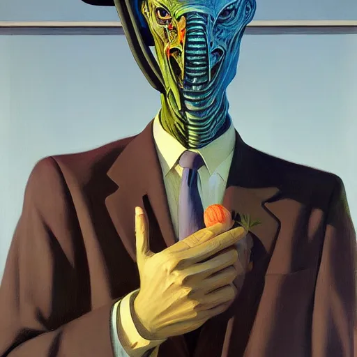 Image similar to Portrait of a man wearing a business suit with an insect head, very coherent, painted by Edward Hopper, Wayne Barlowe, painted by James Gilleard, airbrush, art by JamesJean