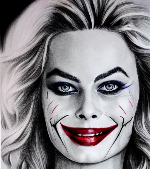 Image similar to margot robbie portrait with joker makeup, pencil drawing, realistic face, beautiful eyes, smiling, hyper realistic, highly detailed