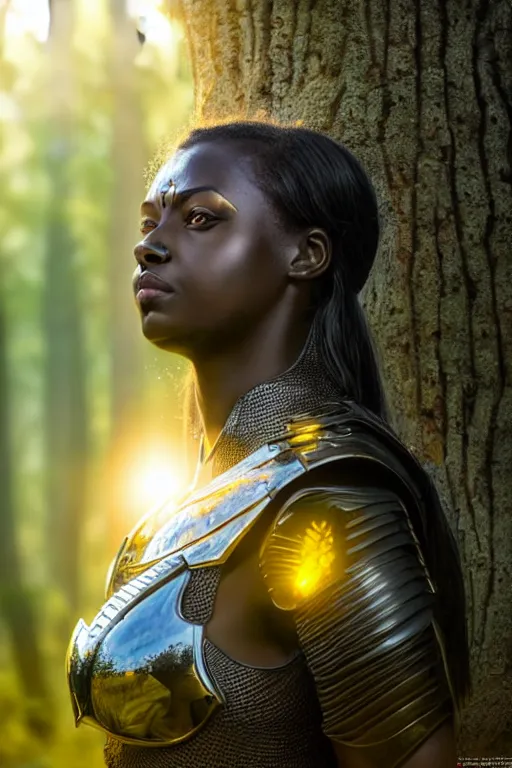 Image similar to hyperrealistic mithra black woman in armor in a forest sun behind her concept art eric zener elson peter cinematic side soft yellow light low angle hd 8k sharp shallow depth of field