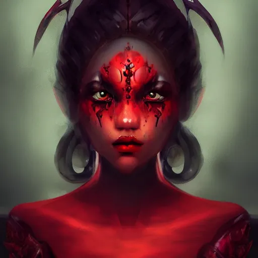 Image similar to Black dragon Kalameeth + Portrait beautiful face + Trending on Artstation + Incredible black and red gothic illustration + Exquisite detail, painterly