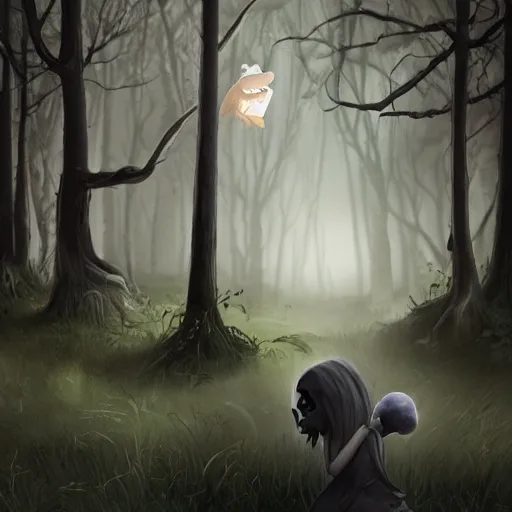 Image similar to a macabre ghost chatting with a kid in the middle of a dark forest, trending on artstation, realistic, obscure, dramatic scene