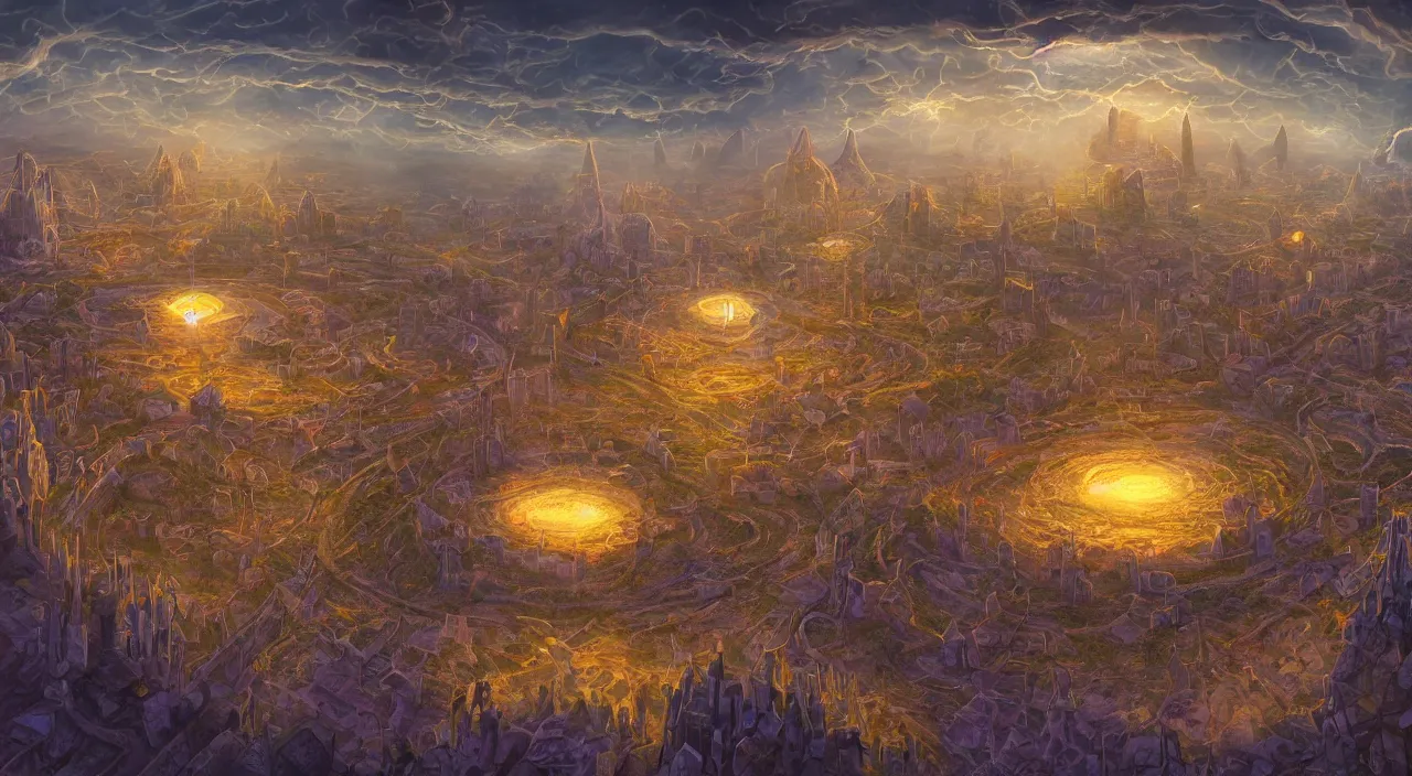 Image similar to tony diterlizzi's beautiful digital painting of sigil, the city of doors, located atop the spire in the outlands. it has the shape of a torus, and the city itself is located on the inner surface of the ring. there is no sky., digital art, volumetric lightning, amazing fantasy art