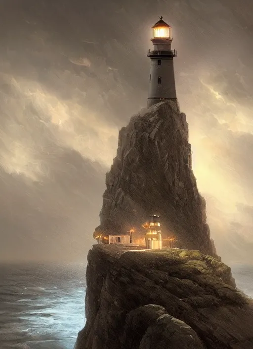 Image similar to light house on a cliff in a thunderstorm at night, dramatic lighting, cinematic, establishing shot, extremly high detail, photo realistic, cinematic lighting, post processed, concept art, artstation, matte painting, style by eddie mendoza, raphael lacoste, alex ross