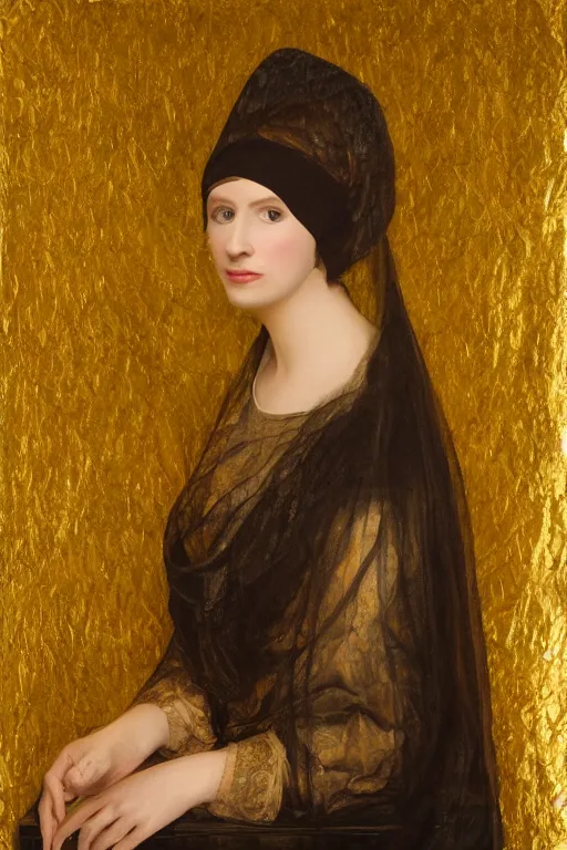 Prompt: A hyper realistic portrait of a woman wearing a veil made of draped gold silk