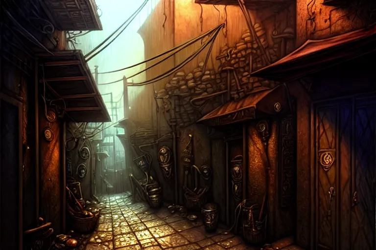 Image similar to a shadowy alleyway in the city of tyr from athas, amazing dark sun d & d art, by gerald brom, by wlop, intricate details, ultra realistic, beautiful, volumetric lighting, warm colors advance cool colors recede, cell shading, 8 k, by james gurney, by greg rutkowski, trending cgsociety, artstation