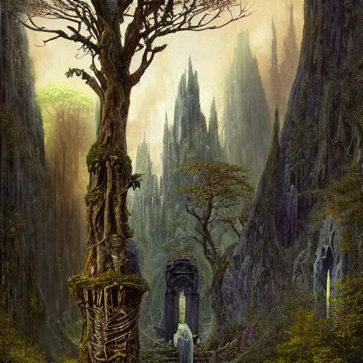 Image similar to a beautiful and highly detailed oil painting of an elven temple deep in the misty mountains, secret valley, tall spires, beautiful trees, ancient runes, intricate details, epic scale, insanely complex, 8 k, sharp focus, hyper realism, fantasy landscape, psychedelic, by caspar friedrich and brian froud and albert bierstadt,