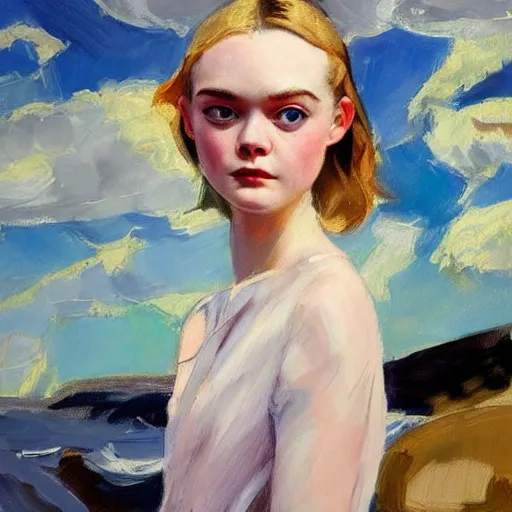 Prompt: professional painting of Elle Fanning in the style of Joaquin Sorolla, head and shoulders portrait, symmetrical facial features, smooth, sharp focus, illustration, intricate, stormy weather, extremely detailed masterpiece,