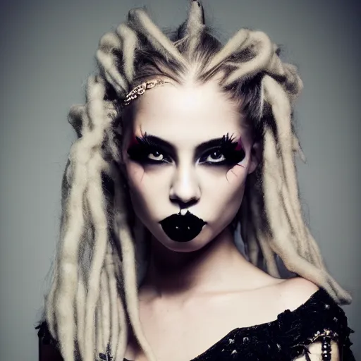 Image similar to modeling headshot photography flawless young beautiful gothic female with blonde and red dreadlocks in a black ballgown, dark, piercing clear eyes, symmetrical golden ration exotic stoic expression, photorealistic, highly detailed, mysterious lighting, smooth, sharp focus, 8 0 mm camera