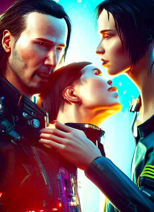 Image similar to a cyberpunk 2077 couple portrait of a Keanu Reeves as johnny silverhand and a female android in final kiss,love,fantasy, intricate, elegant,film lighting,artstation,deviantart,FAN ART,full of color,Digital painting,face enhance,highly detailed,8K,octane,golden ratio,cinematic lighting