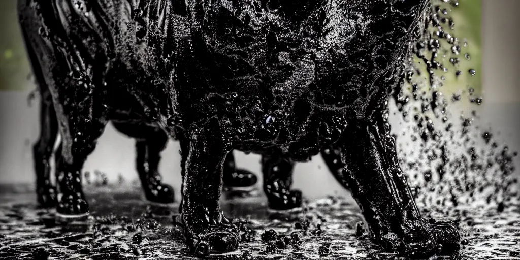 Image similar to a black lioness made of tar, bathing inside the bathtub full of tar, laying on their back, dripping ferrofluid, drooling ferrofluid. dslr, photography, realism, animal photography, modern bathroom, photorealistic, v - ray, goo, tar